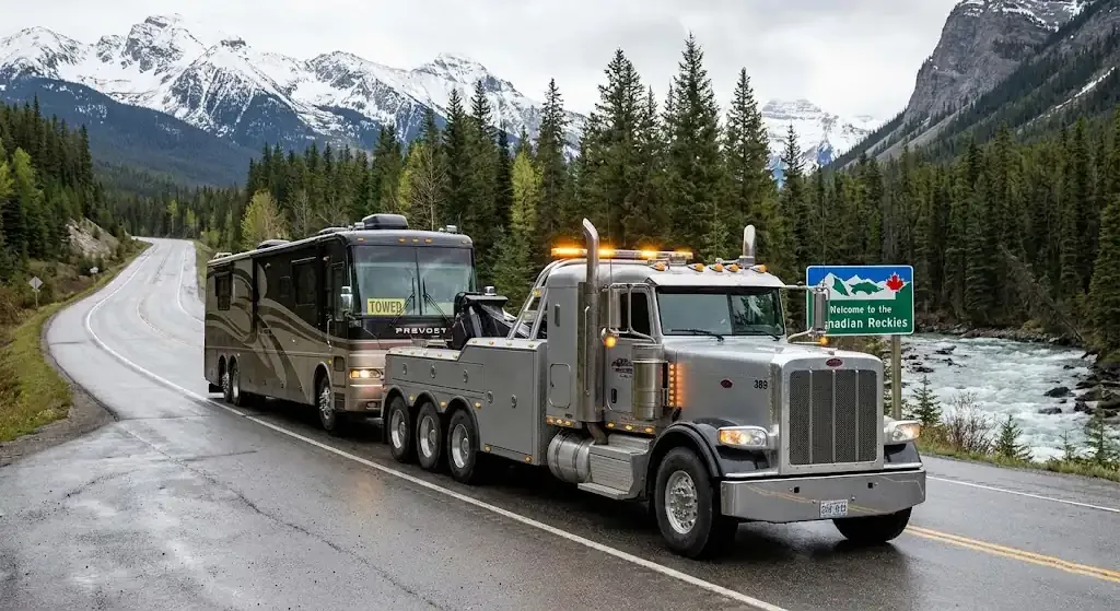 San Francisco heavy-duty tow truck with RV in transport