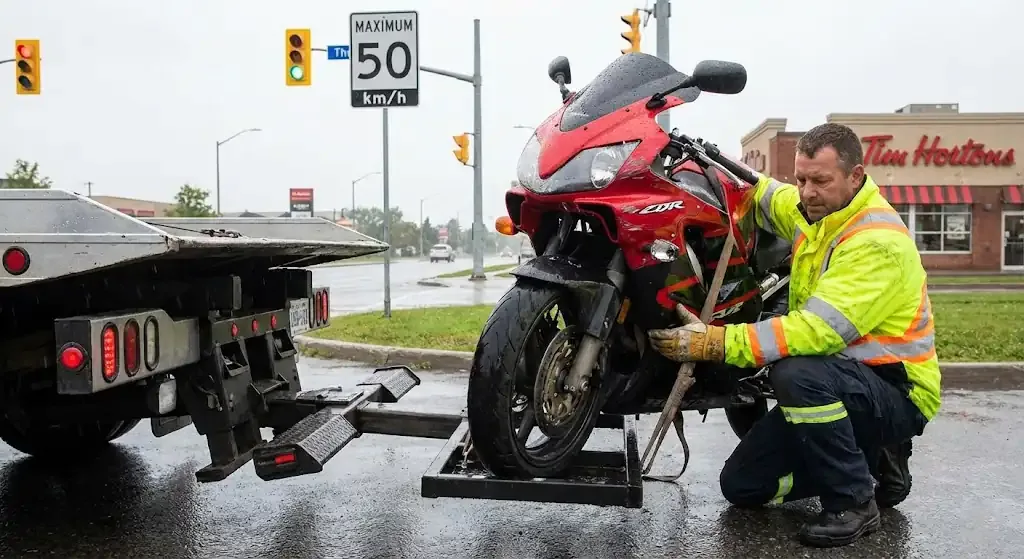 San Francisco motorcycle being safely loaded for transport