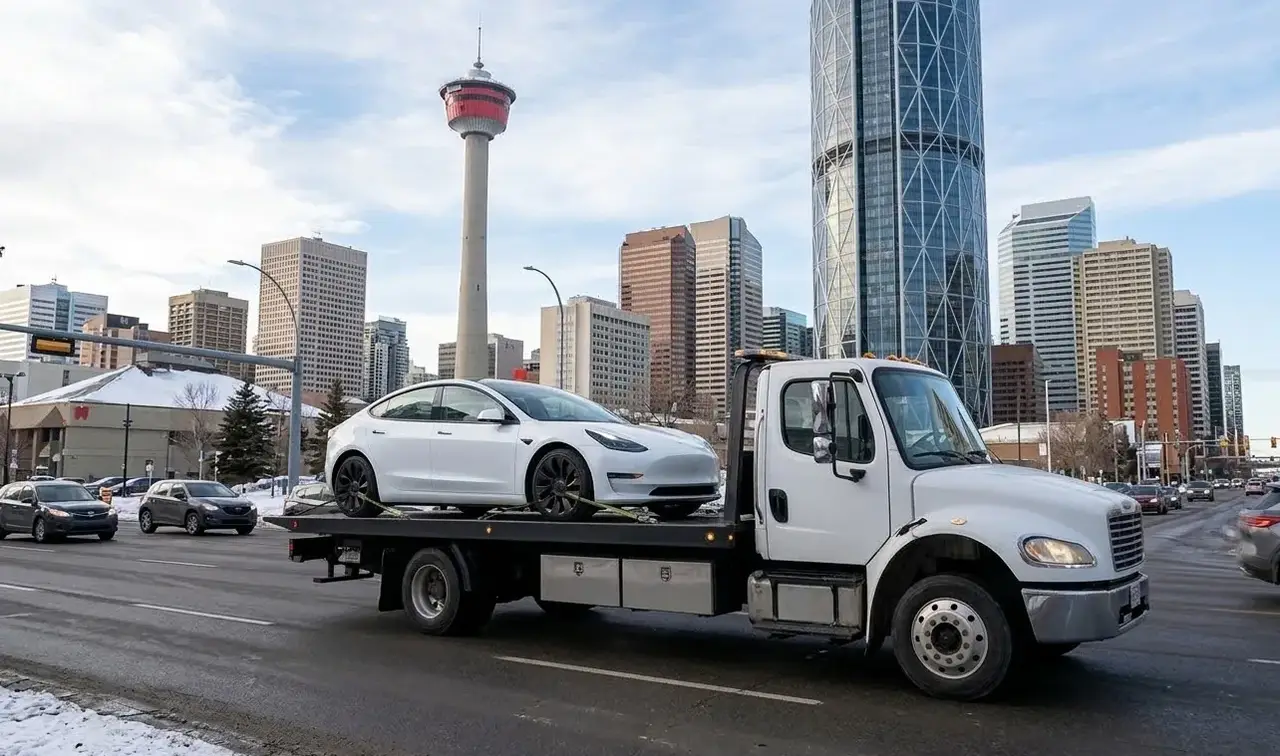 San Francisco electric vehicle on flatbed transport